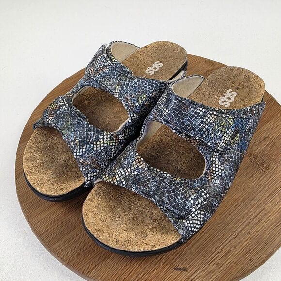 SAS Woman Cozy Leather Gray Multi Snake Tri Pad Comfort Adjust Sandals Size 9 M - Picture 1 of 13